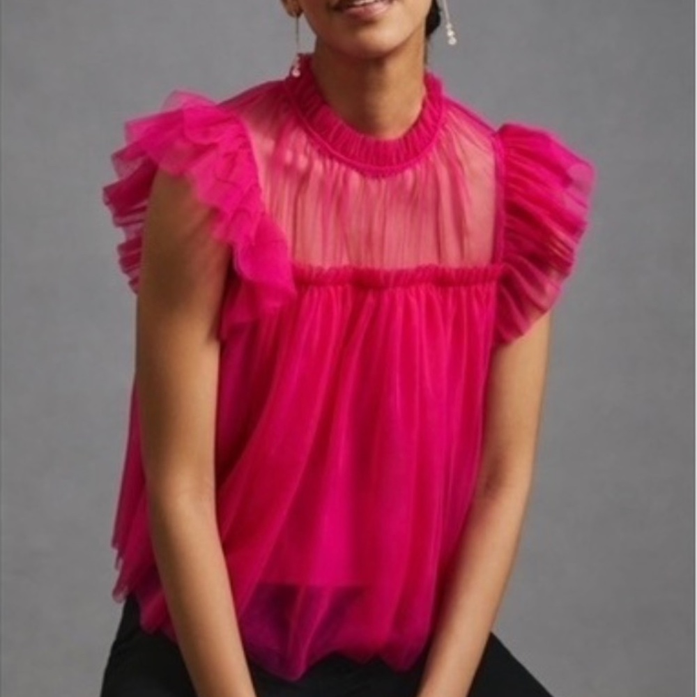 Anthropologie Sunday in Brooklyn NWT Pink Tulle Ruffled Top Sz M